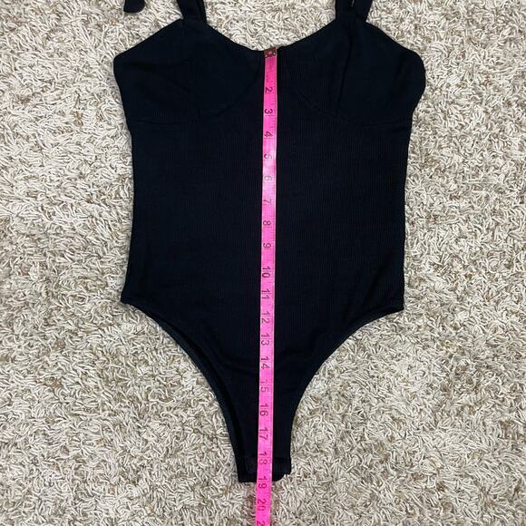 Gianni Bini | Arissa Black Ribbed Knit Tie Strap Cheeky Bodysuit - Picture 10 of 12